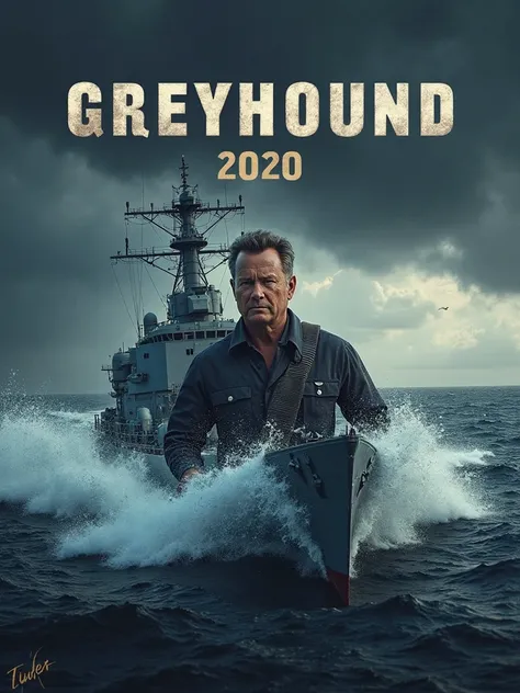 Prompt:
"Create a high-intensity movie poster for Greyhound (2020), featuring a U.S. Navy destroyer cutting through rough, dark ocean waters under a stormy sky. The focus should be on the ship, with waves crashing around it and a sense of danger looming in...