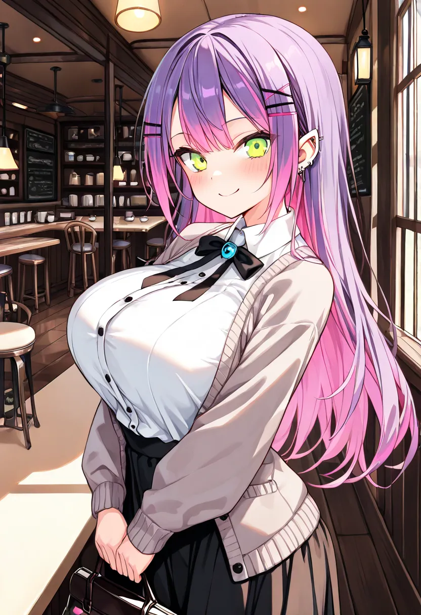 (Best Quality , 8k , masterpiece , incredibly absurdres , perfect body , super detailed skin , highly detailed eyes and face , 1 woman ) , tokoyami towa , purple Hair , Green eyes , smile ,  will be happy , (  shirt , cardigan , long skirt , Small bag  , c...