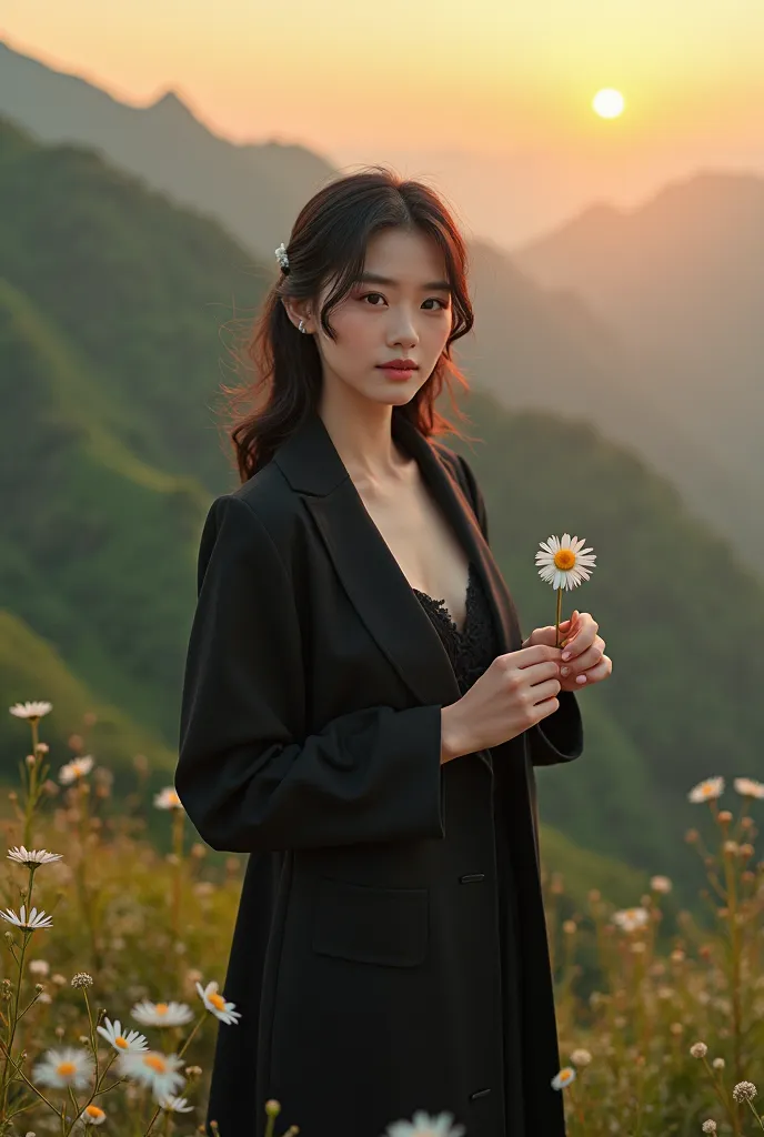 high quality,  an Asian woman  ,  wearing a black coat ,  is wearing black sandals holding a daisy flower,  looking in the direction of the camera ，Walking on a green mountain , Sunset