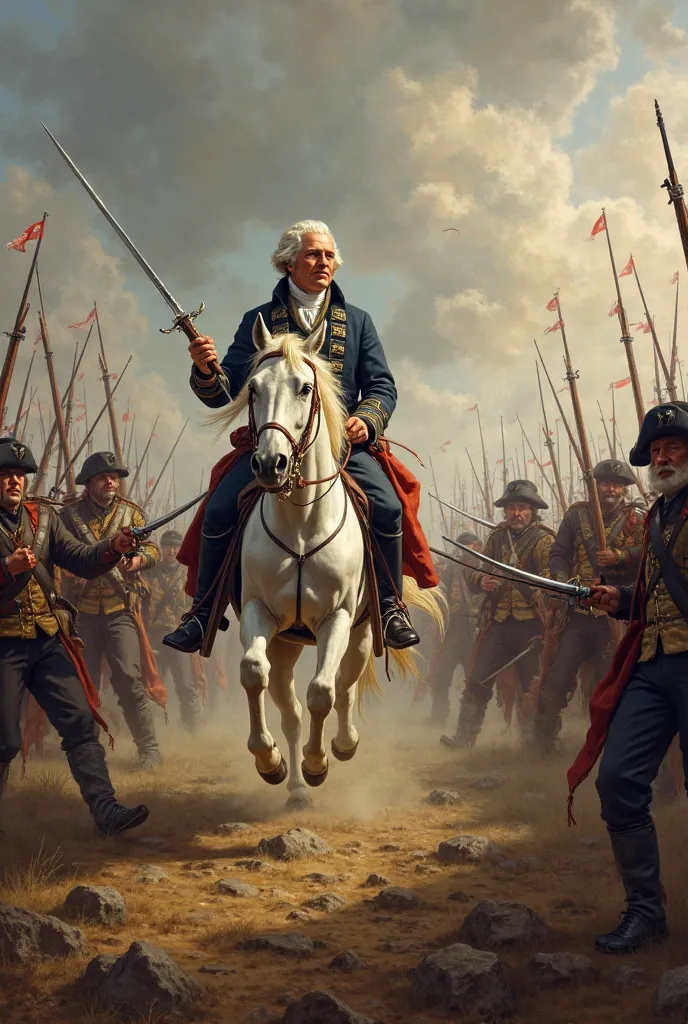 The American Revolution, George Washington and the colonists fight on horses and swords against the British Empire in North America