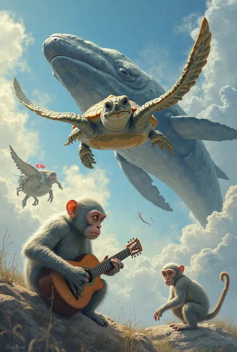 generates a realistic flying turtle with a whale flying together and in the background some monkeys scratching their heads, equally realistic, and a crab playing a guitar