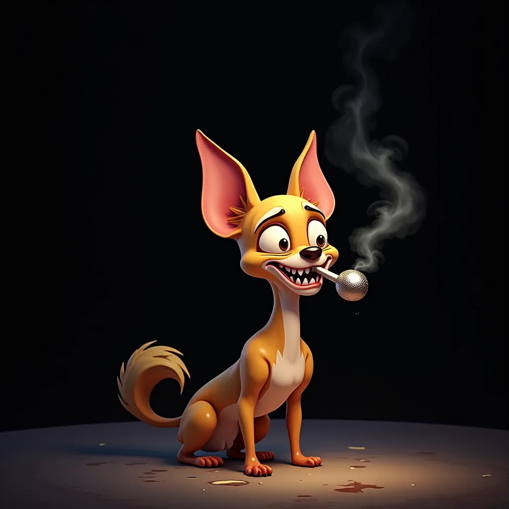 cartoon style, weird dog (chihuahua) smoking a crack, black background