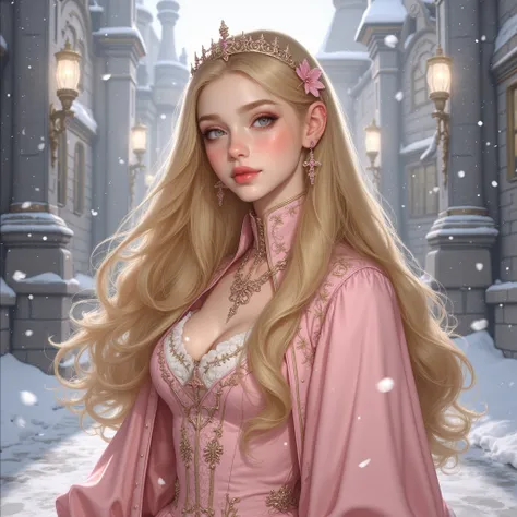 high profile, Digital illustration of a girl in a princess dress, very realistically created,  realistic photo style ,  The character is a pale white woman, , long, Large golden yellow hair that emerged from under the pale pink princess dress, Medium Hair,...