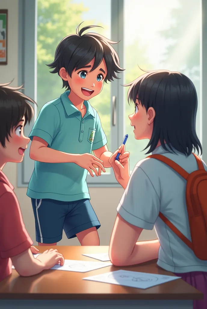 image of ren,  education , Wearing a light blue shirt and dark blue shots shoving a friend