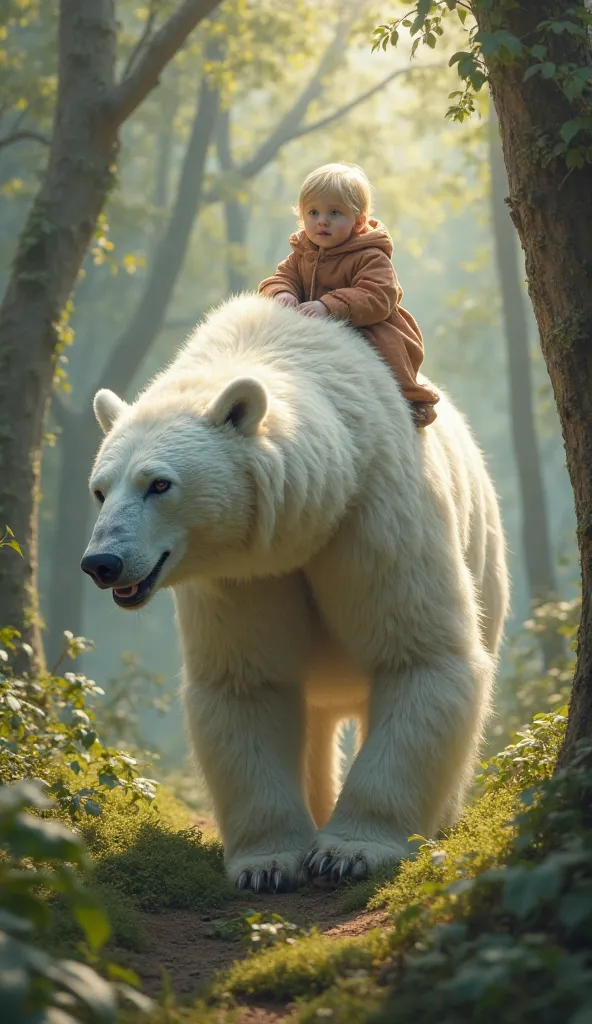 Realistic picture of a beautiful  on a white bear. The bear is carrying him. The bear is carrying the . The bear is carrying the  on his back inside the forest. A three-year-old 