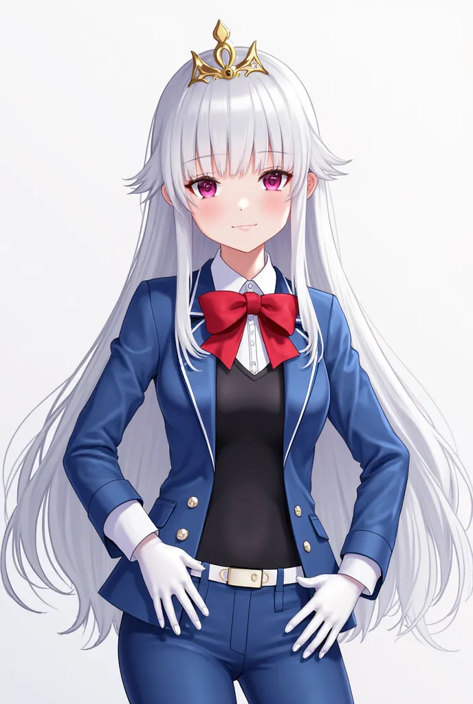 mirabelle mirabeau studios white hair ahoge tiara, blue jacket, long sleeves, black leotard, white shirt, red bow, white gloves, blue pants, belt, tied up