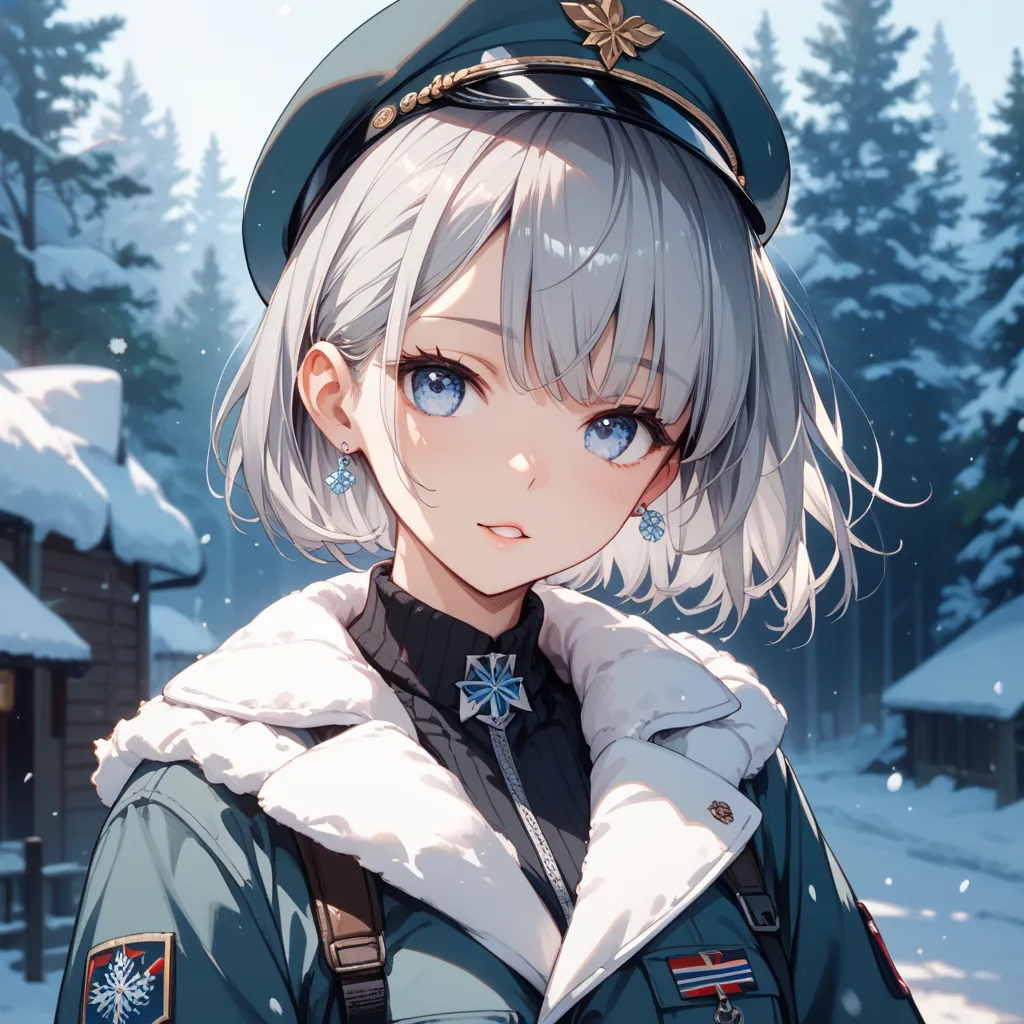 1 woman、Gray Hair、light blue eyes、Bob hair with long neckline、 beautiful and cute、Military cold protection、cold weather background