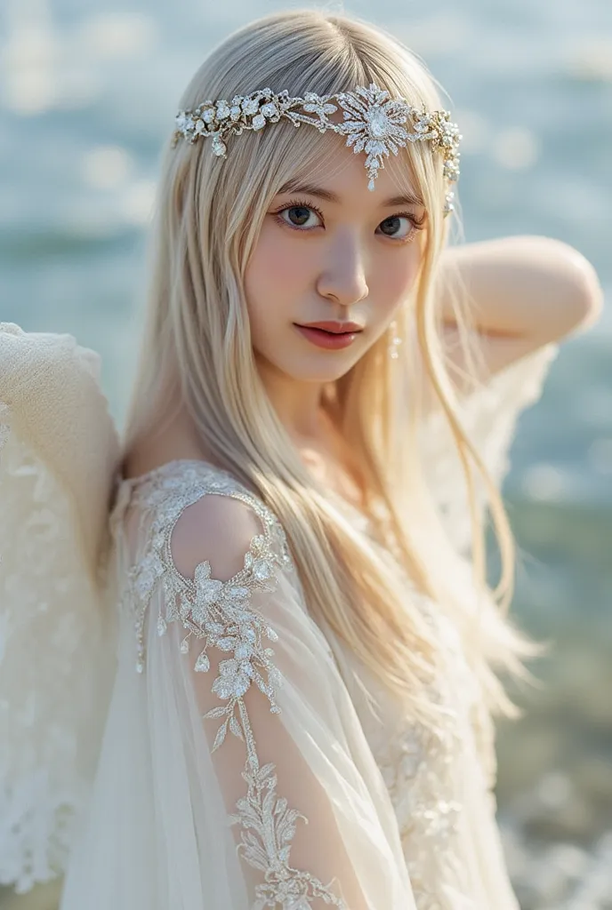 Focusing on very sexy ultra HD 8k milky white long legs、a very beautiful anime style goddess and showing her divine beauty anime style with crystal ornaments on a very beautiful face。