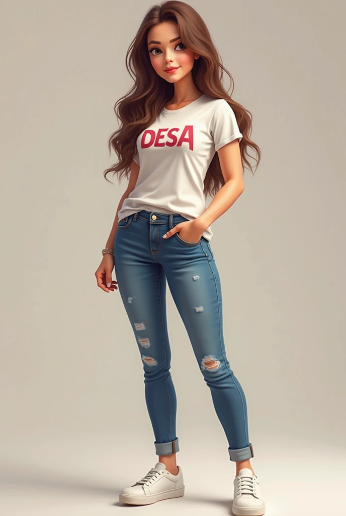 create 3d photo of young beautiful women in cambodia 30 years old , lying on the floor brown long and beautiful hair, stylish t-shirt with the text "DESA" on the shirt, stylish jeans pants. standing, her left fist in her left pocket. sneaker white, full bo...