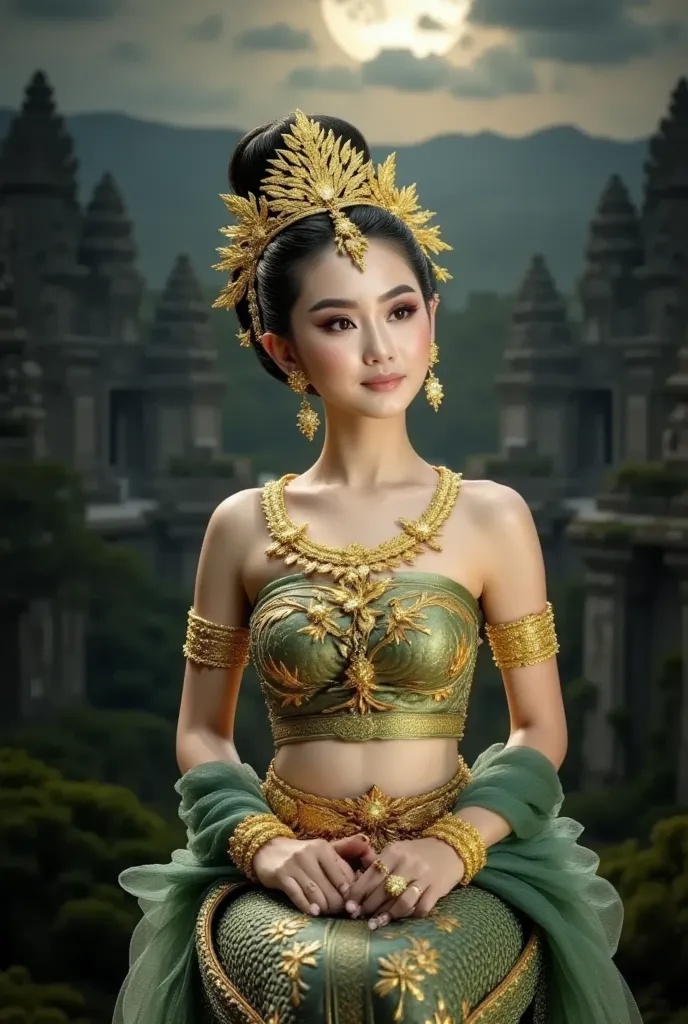 Create a detailed and elegant artistic image of a traditional dancer in traditional Asian costume. The dancer should wear an intricately patterned golden crown, flower embellishments in her hair, and wear a traditional embroidered dress with accessories. T...