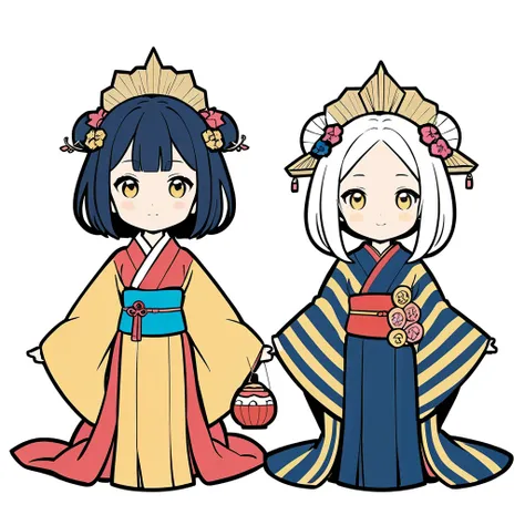 (Two Hina dolls), simple flat illustration, white background, colorful stripes, boy doll in dark blue kimono and yellow cape on left side of picture, girl doll with black hair wearing red dress and gold headdress sitting to the right side holding pink fans...