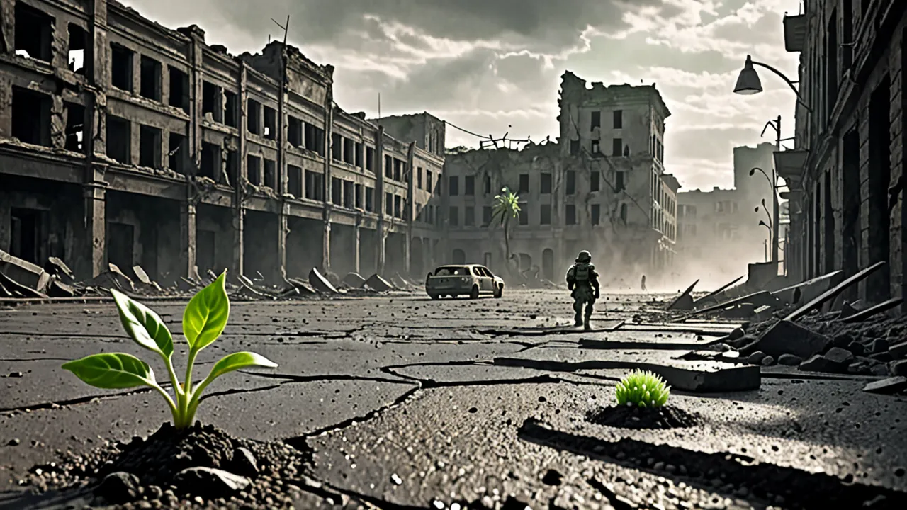 The ruins of a ruined city, broken buildings and thick dust in the air. In the center of the scene is a small green sprout, making its way through the cracks in the asphalt. In the background there is a lonely soldier in armor,  with a weapon in hand, look...