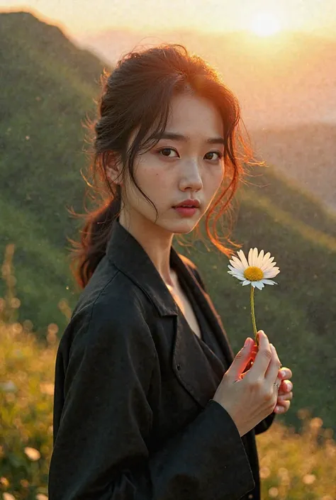 high quality,  an Asian woman  ,  wearing a black coat ,  is wearing black sandals holding a daisy flower,  looking in the direction of the camera ，Walking on a green mountain , Sunset