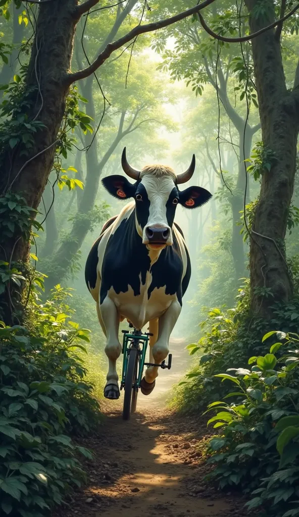 Deep in a dense jungle, a black-and-white cow cycles through the winding paths, dodging vines and towering trees. Monkeys chatter and birds screech in shock as the unusual rider zooms past. With each pedal, the jungle adventure gets wilder