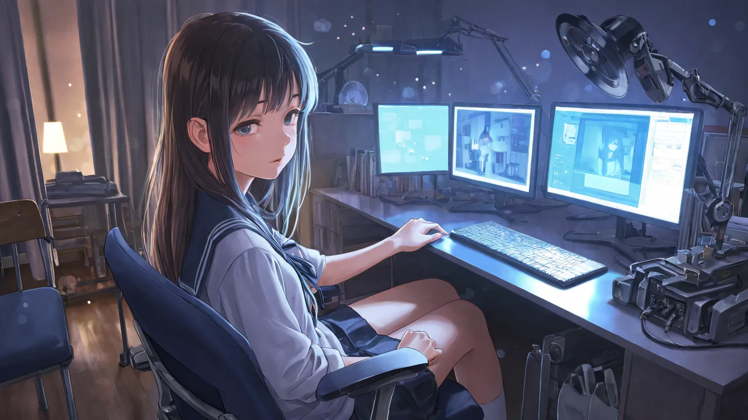 best image quality,high school girl,machineに座る女の子,machineの上の小さなスタンドライト,Late Night,A little sleepy look,Study hard,Beautiful Girl,machine,chair,Girls Room, fine texture,has realistic lighting,realistic,professional,Vivid Colors,Bokeh,4K,UHD,studio lighting,...