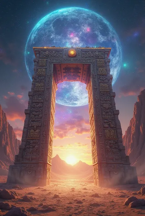 Make a realistic image like photo, of something Egyptian related to a portal, date 03/03. Use colors to impress, I want something beautiful and magical 