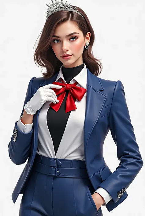 mirabelle mirabeau tiara, blue jacket, long sleeves, black leotard, white shirt, red bow, white gloves, blue pants, belt, tied up