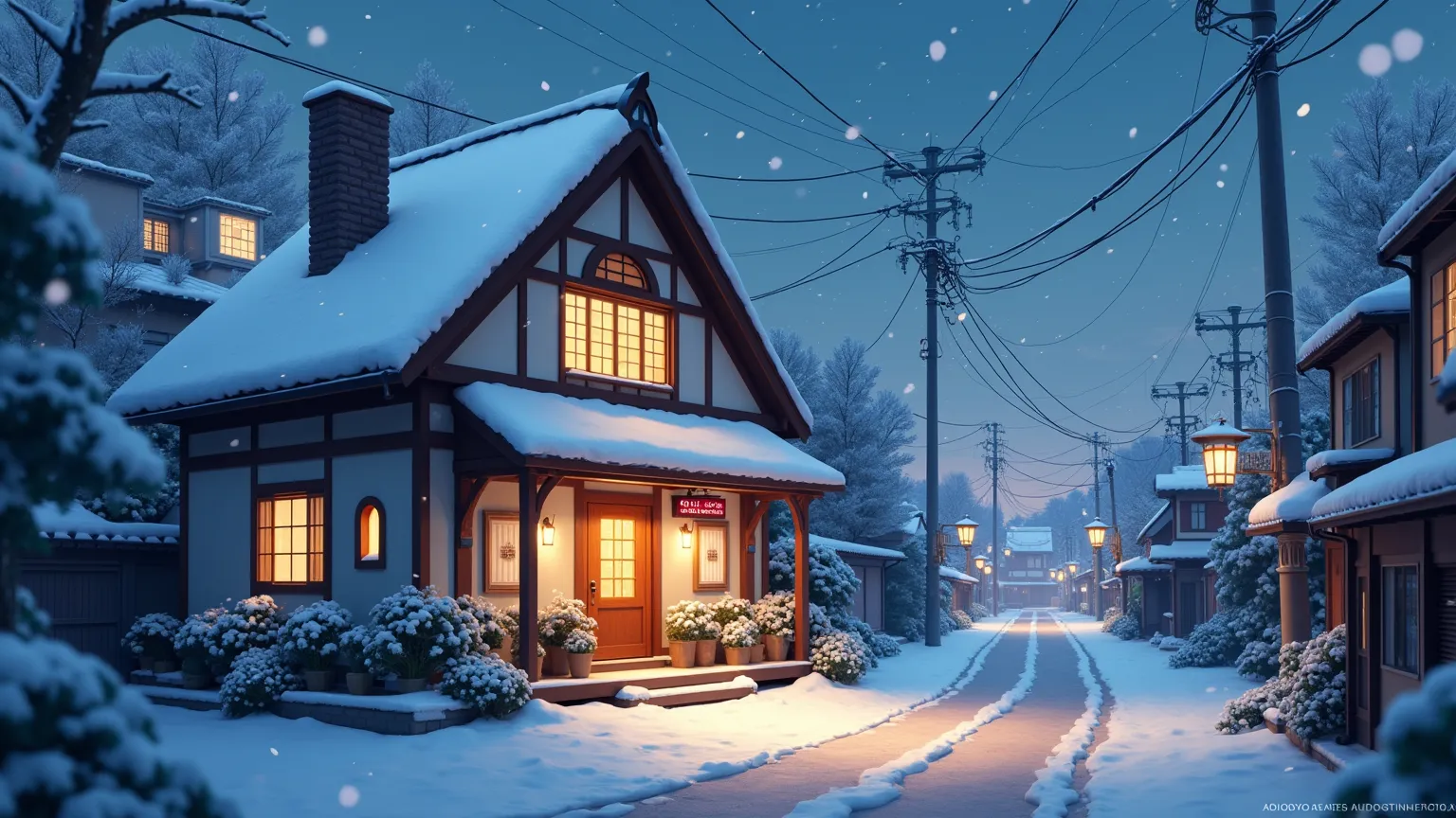 ANIME STYLE STREET HOUSE WITH FALLING SNOW TOKYO ANIME SCENE HIGH DETAIL HOUSE