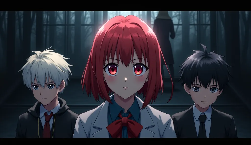 A dramatic anime-style illustration of three strategic ren planning their escape from a dark, highly guarded place. A red-haired girl with large, bright eyes stands at the front, her expression filled with determination and hope. Behind her, a white-haired...