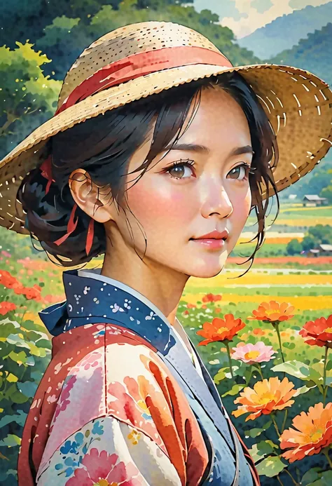 A model-style close-up of a beautiful middle-aged Japanese woman working as a farmer. The focus is on its strength and natural beauty. The watercolor style further emphasizes color bleeding,  Soft Gradients , intense blur, and soft edges. The image has a h...