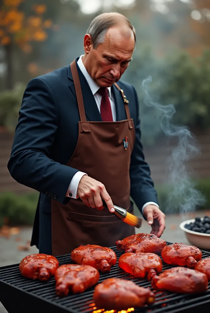 comic-book photo animation image: Putin screengrab: Putin,barbecuing is standing near a grill on the patio, wearing a suit under a Russian apron, carefully tending to a selection of donald trump's head and heart cooking over hot coals, occasionally flippin...