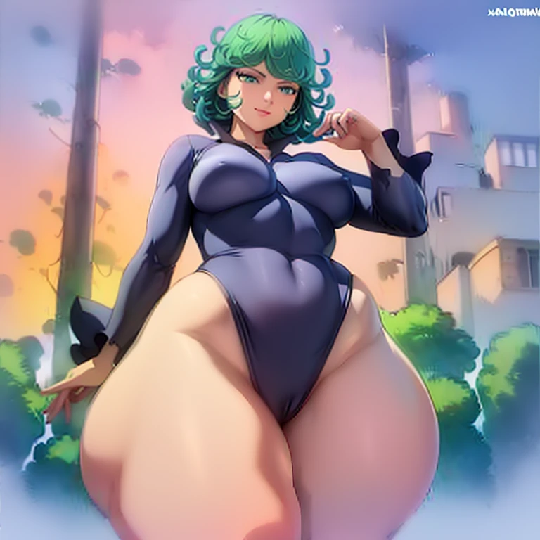 Tatsumaki ,  super busty , super big ass , super peirnas ,  transparent clothing , super short clothes , huge nipples , exposed legs, back and hips, marked ass and huge , super tetas , vista trasera