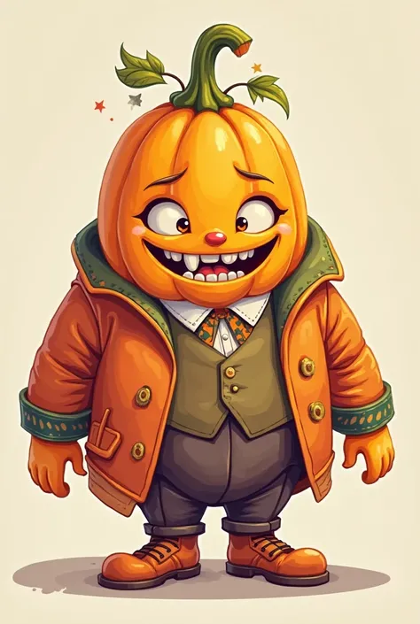 Create a funny cartoon-style pumpkin, with eyes and teeth and with colored suit 