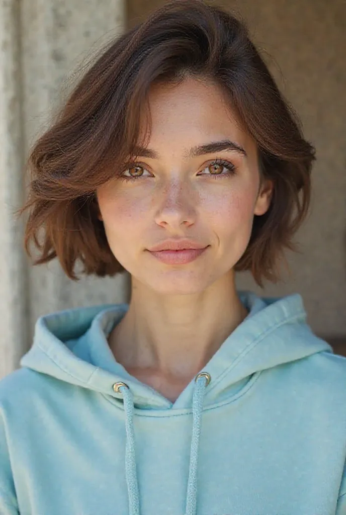 The photo is a portrait of a young woman with short brown hair. The woman is wearing a light blue hoodie. has fair skin and brown eyes. The woman looks beautiful and calm. The background is slightly blurry, but it seems that the photo was taken outside on ...