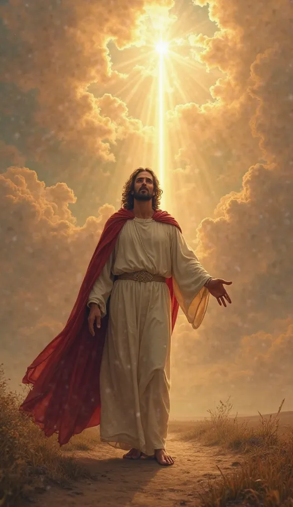 Jesus standing ,  with a serene and compassionate expression , dressed in white clothes and dark red cloak, extending his hand to the front as if pointing to a path.  Behind it , a path illuminated by rays of sun that cross the clouds, symbolizing the dire...