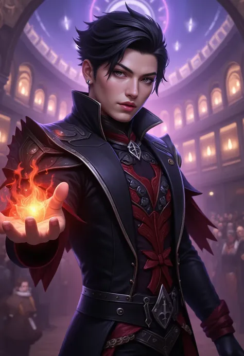 **"A highly detailed portrait of a handsome and stylish man with a strong gothic aura. He has sharp facial features, piercing eyes, and neatly styled dark hair. His attire is elegant yet dark, featuring a black high-collared coat with intricate red details...