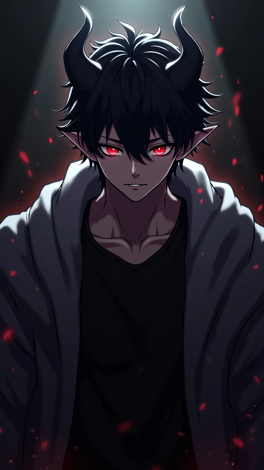 demon masculin 20 ans ,il a des  cheveux  noir  , cheveux courts,les yeux noir , il a des cornes sur la tete , anime, sexy