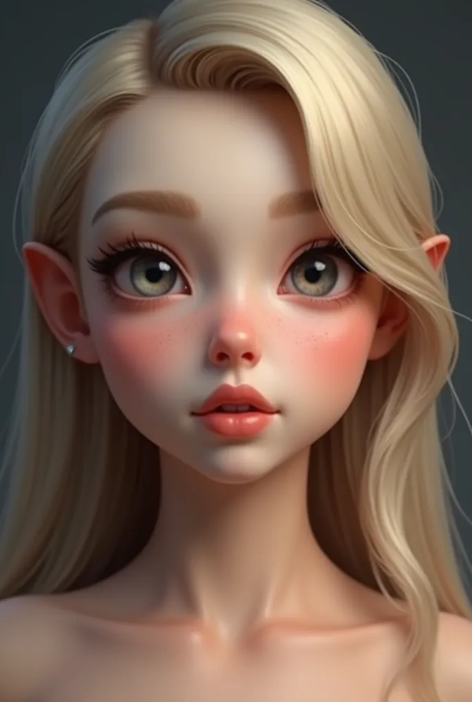 Generates a very realistic and detailed face with the following characteristics:

 Face Shape: Oval with a lovely subtle asymmetry, where one side has a slightly more pronounced curve, giving it a hypnotic and unique look.

Hair: slightly blonde, straight....