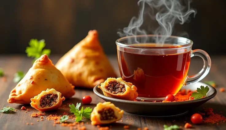 A close-up of crispy golden samosas and a steaming cup of masala tea, beautifully presented.
