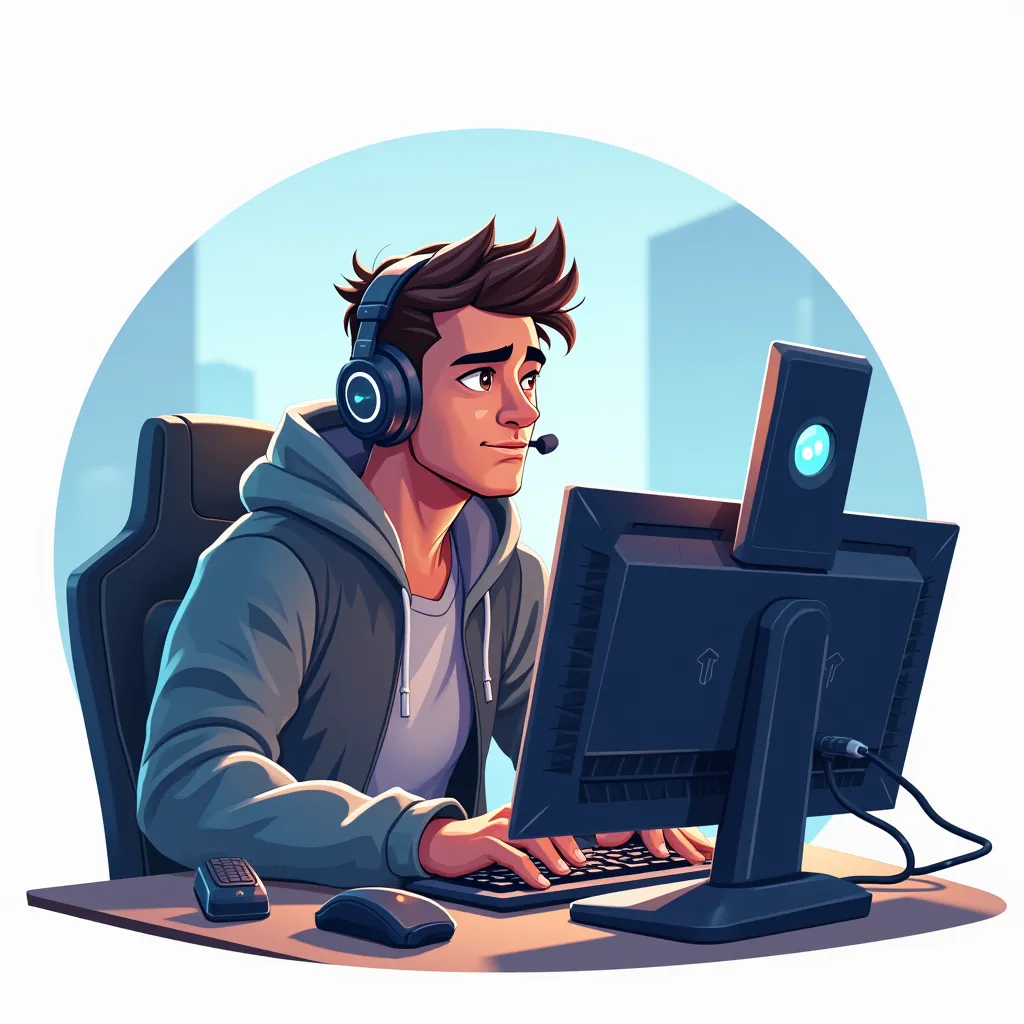 male png character playing on the gamer computer for logo