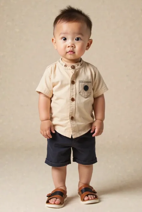 A beautiful baby boy is standing, wearing a beige short-sleeve shirt with wooden buttons and a small patch on the chest. His dark shorts contrast softly with the shirt. He wears brown sandals with black details and white sole. Your hair is short, combed up...