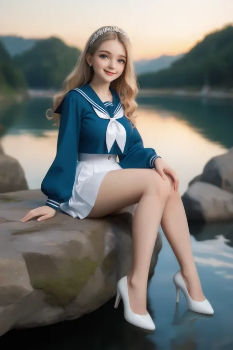 Perfect composition, Proper placement, Golden Ratio, masterpiece, best quality, high definition , one Girl, Cute (Girl:(loli:1.5), full body focus, full body shot, view the viewer, smiling, sitting, Wearing a Japanese High School Sailor Suit:1.331, Wi...