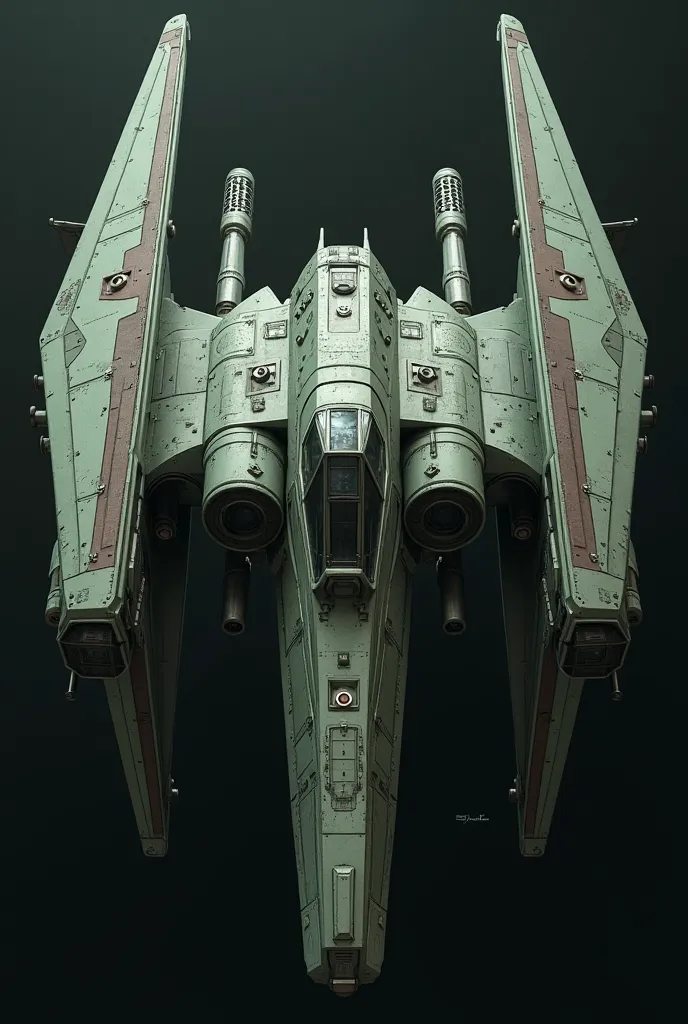 grey-green fighter ship, with rombed wings and cabin between wings, with guns below cabin and on wings. it must be spaceship. it has cabin between rombed plated vertical wings. its like star wars ship