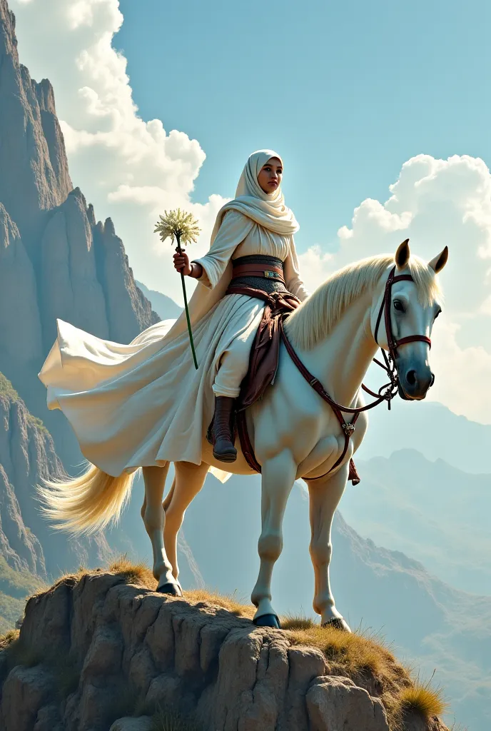 A large mountain with a white horse on top. On the horse is a girl wearing a large white gown and hijab, next to her is a boy wearing a battle dress and holding a white flower in one hand and a sword in the other.