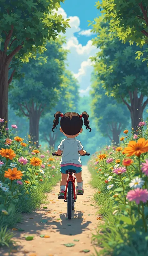 A Studio Ghibli-style masterpiece: An adorable young girl with pigtail braids riding a bicycle through a forest path surrounded by vibrant flowers and lush trees. The scene is filled with high contrast, vivid colors, and a dreamlike quality. The image is i...