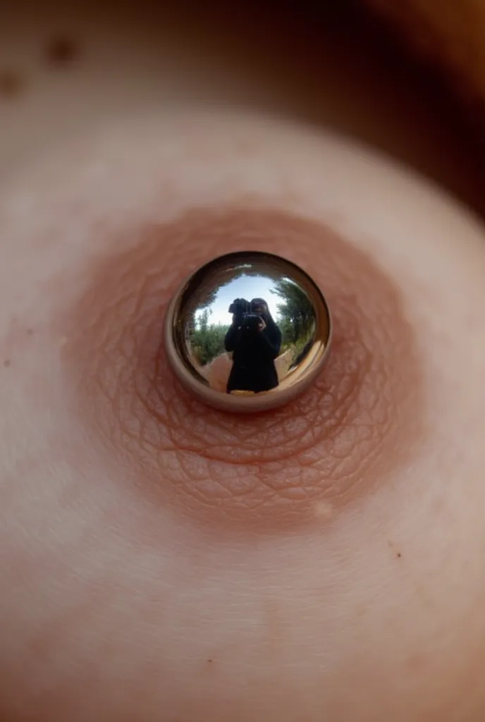 Close-up of a large nipple ring piercing. The ring has a large diameter and thickness, There is a captive ball at the base of the ring. A female photographer with a camera is reflected on a metal ball. The dark nipples are upright、周囲の皮膚は質感がありporesが有ります. th...