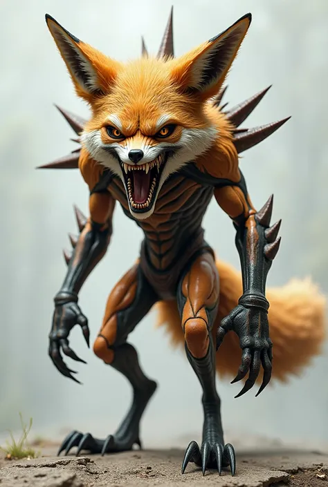 Mutated fox with arms and two legs opened mouth sharp teeth spikes on back in T-Pose full body view