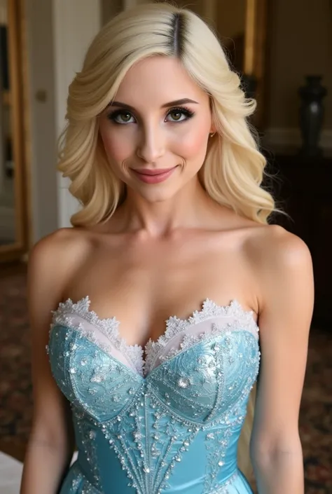 A stunning  angle portrait of piper perri as Elsa smiling , she is sexy , very frivolously sexy dressed  , queen of arendelle, young and beautiful, hyper realistic, real portrait, backlit, exquisite features, cleavage, sexy, seductive, interior or an ornat...