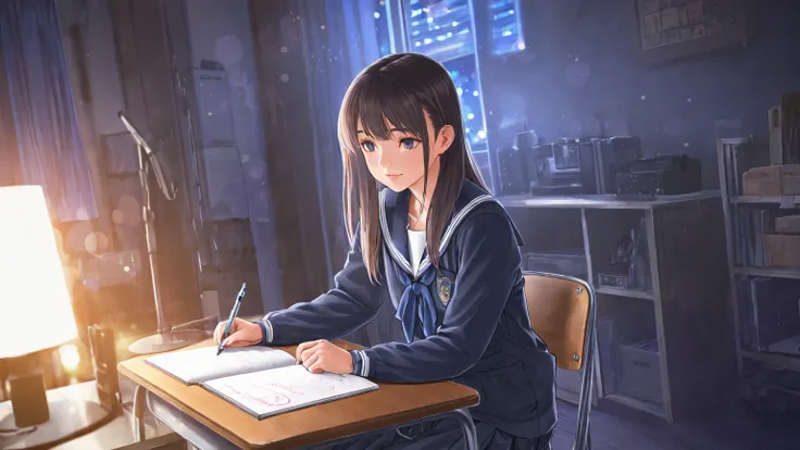 best image quality,high school girl,machineに座る女の子,machineの上の小さなスタンドライト,Late Night,Study hard,I'm holding a pen and writing in my notebook,Beautiful Girl, slightly narrow,machine,chair,Girls Room, fine texture,has realistic lighting,realistic,professional w...