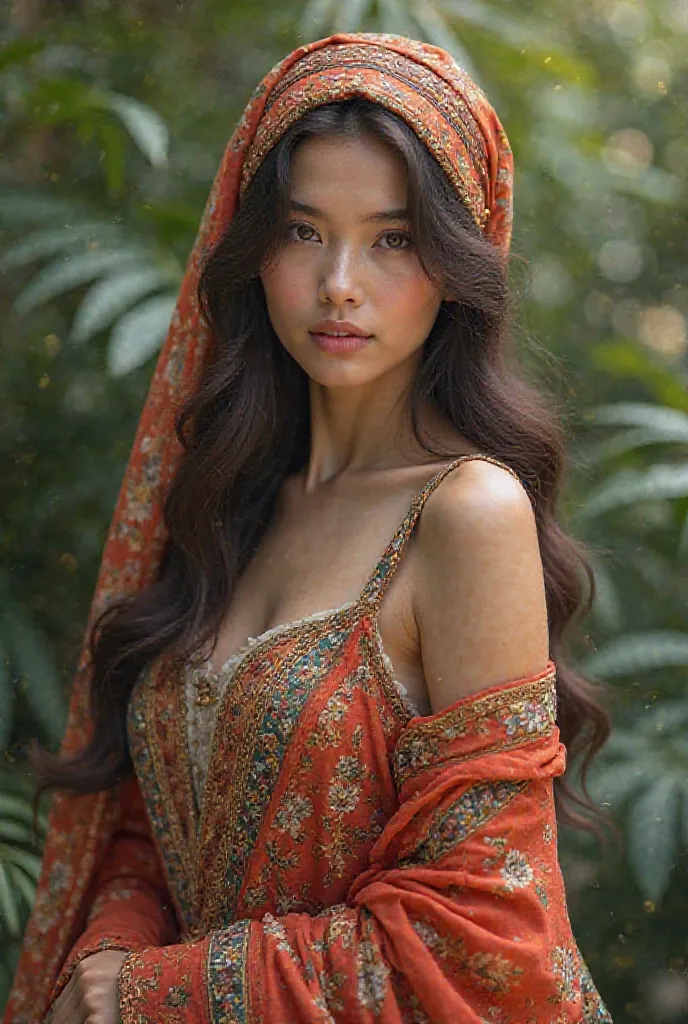 Brunette woman in dress and headscarf 