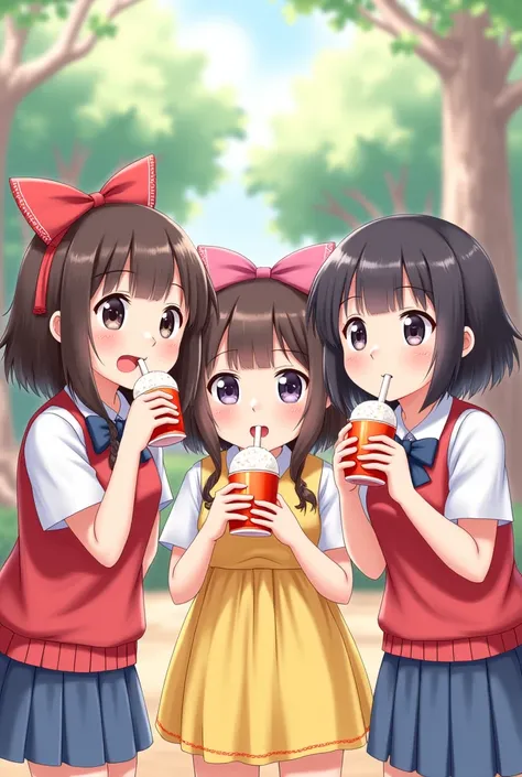 the three elementary girls pupil holding drinks covering their nose