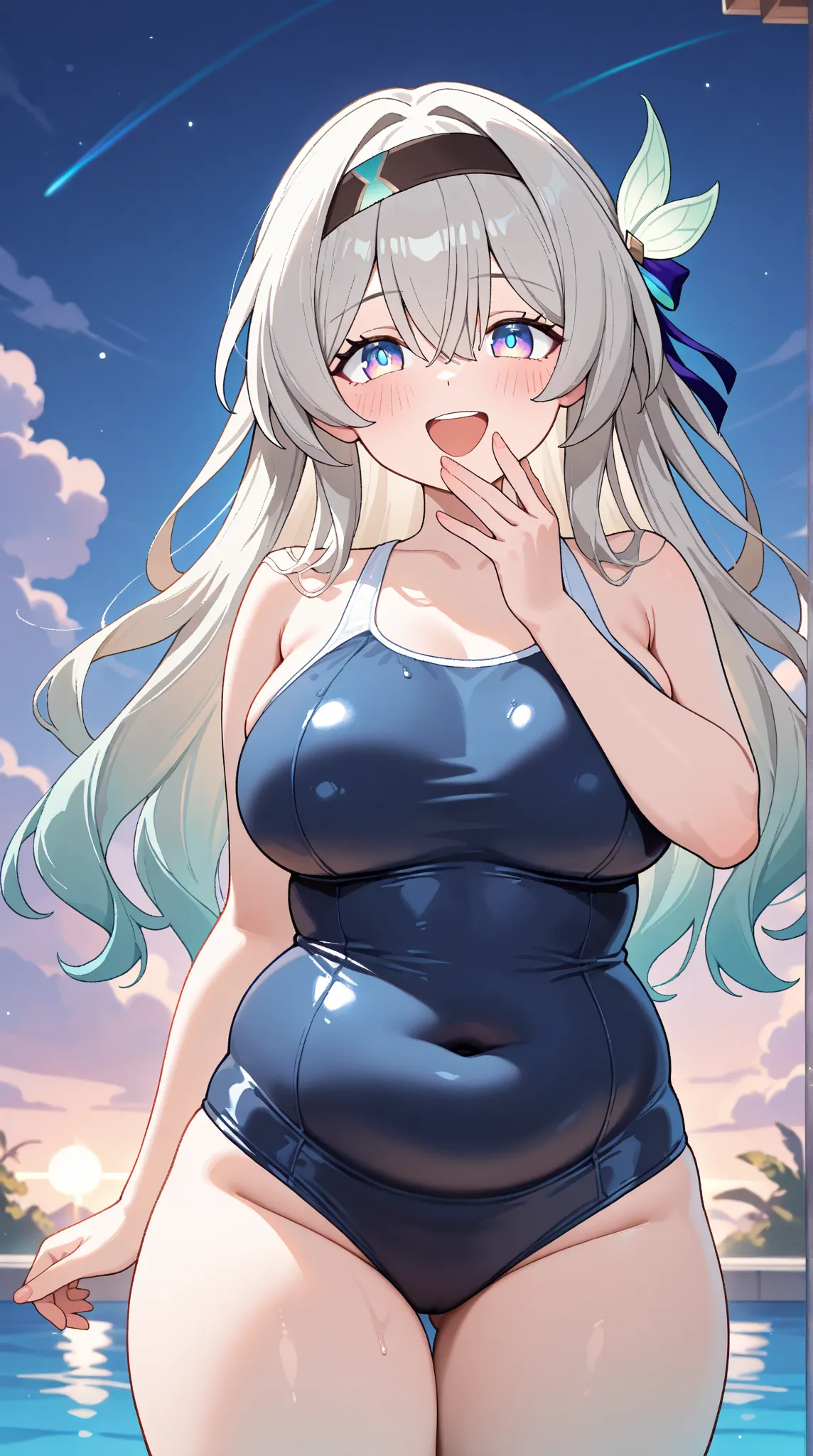 1girl, solo, long hair,large breasts, looking at viewer, blush, blue eyes, thick thighs,hair between eyes, purple eyes,  grey hair, sidelocks, cowboy shot, black hairband, school swim suit,front view,zoom angles,outdoors,laughing,firefly (honkai: star rail...