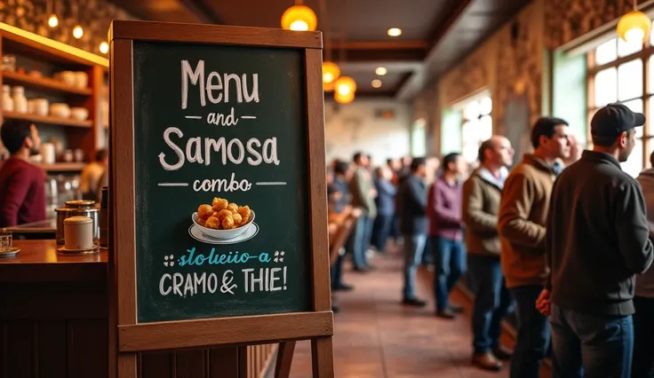 small chalkboard menu displaying "Tea + Samosa Combo – Special Offer," with a line of customers waiting to order.