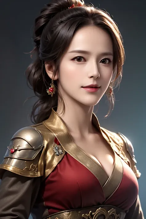 The upper body of a female warrior wearing red and gold armor and cloak, 1 person, cute ponytail ,Age 30, (((Real Face))), slightly larger breasts and cleavage, reveal their cleavage,Scary face,  very fine face and skin texture , is staring at the camera, ...