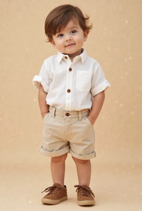 A beautiful baby boy is standing, looking softly at the camera with a calm face.  His hair is brown,  short and well-groomed . He wears a white linen shirt with folded sleeves and three wooden buttons on the collar. His light beige shorts have an elegant f...