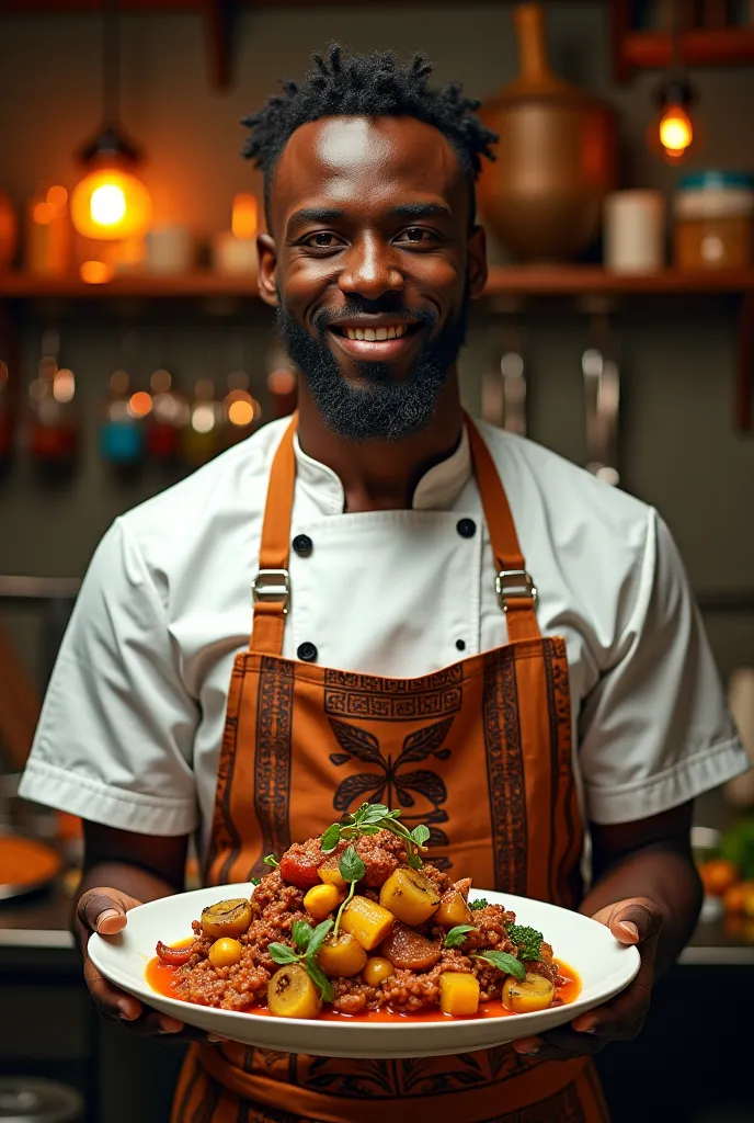 An African chef holding food 